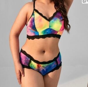 Neon Rainbow Tie Dye Black Lace Trimmed Bralette Top Bra XL Multicolor
